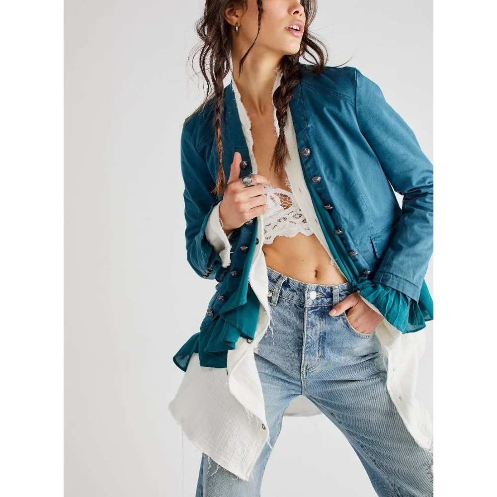 🎉LAST CHANCE🎉 FREE PEOPLE Ruffles Romance Jacket / Teal Jewel - Picture 1 of 6